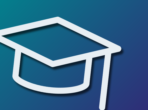 A blue gradient background with a graduation cup outline on the left-hand side.