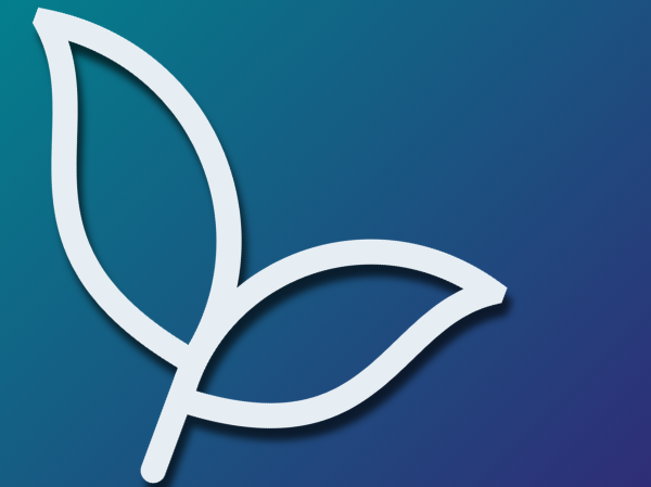 A blue gradient background with a leaf outline on the left-hand side.