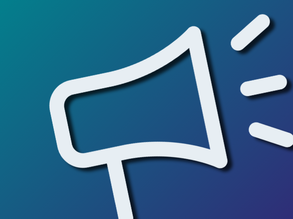 A blue gradient background with a megaphone outline on the right-hand side.