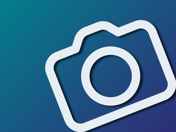 A blue gradient background with a camera outline on the right-hand side.