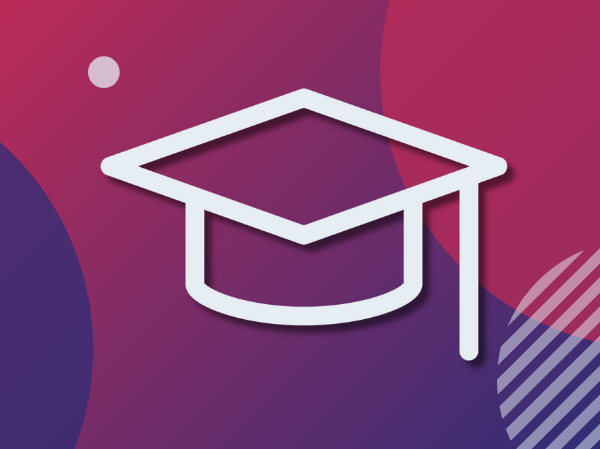 A white graduation hat outline on a gradient purple background.