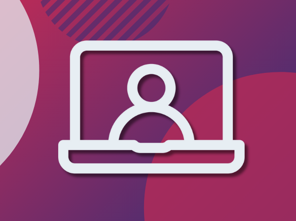 A white laptop outline on a gradient purple background.