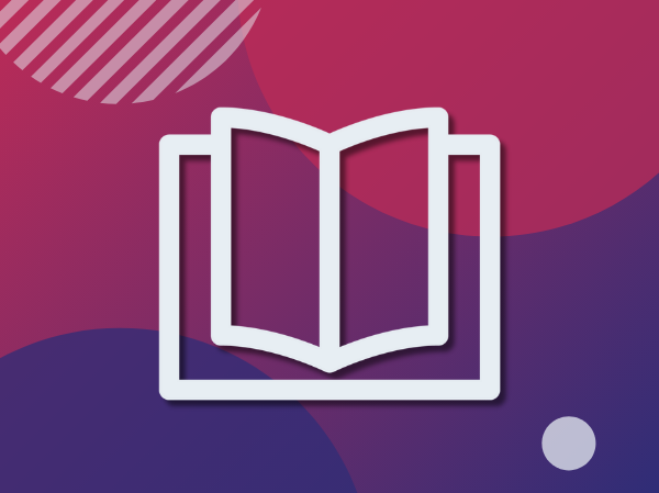 A white book outline on a gradient purple background.