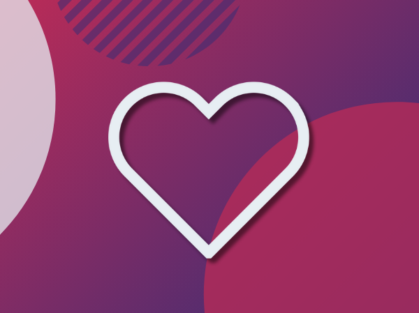 A gradient purple background with some pink and white shapes and a white heart in the centre.