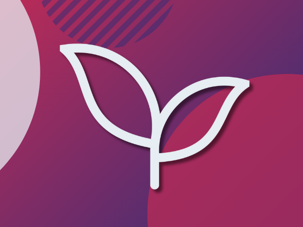 A white leaf outline on a gradient purple background.