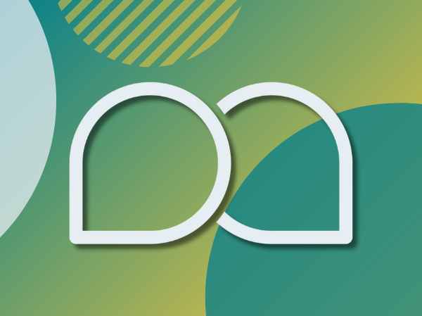 A white icon of two speech bubbles on a gradient teal background.