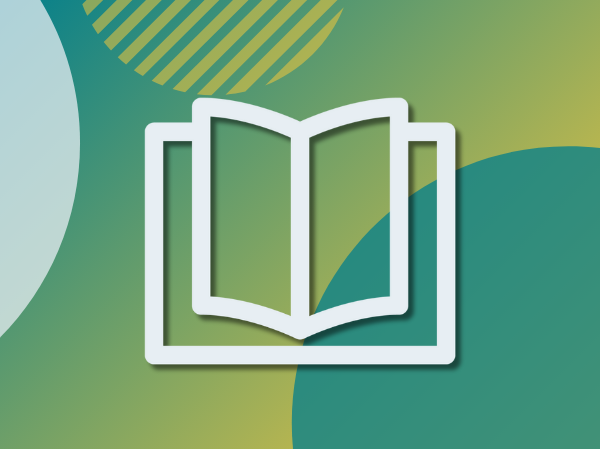 A white open book icon on a gradient teal background.