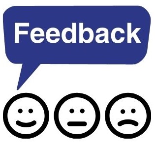 Three faces, one smiling, one neutral, and one frowning, with a speech bubble saying Feedback