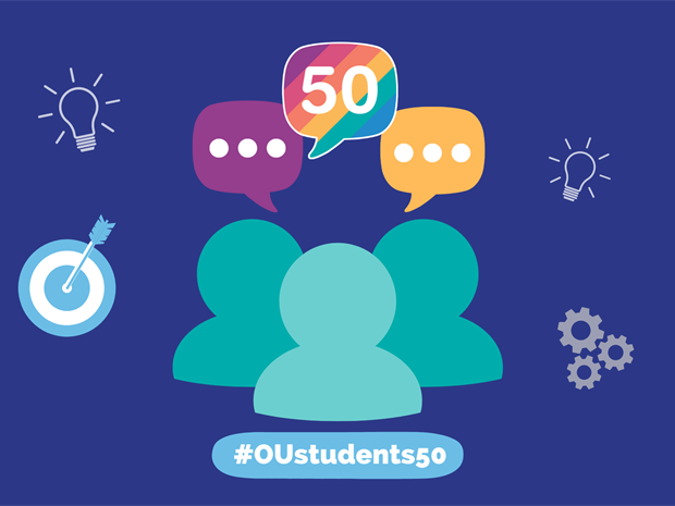 Image shows three figures with speech bubbles above them. One speech bubble shows the OU Students Association logo. Text reads #OUstudents50