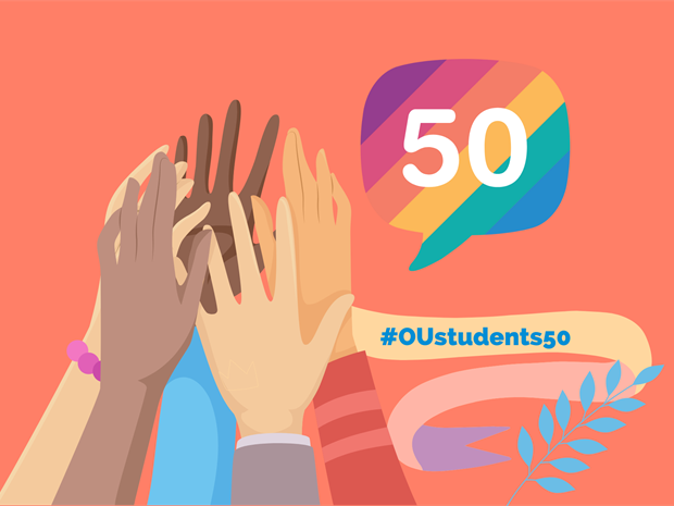 Image shows hands reaching upwards. The 50th logo is in the top right corner #OUstudents50