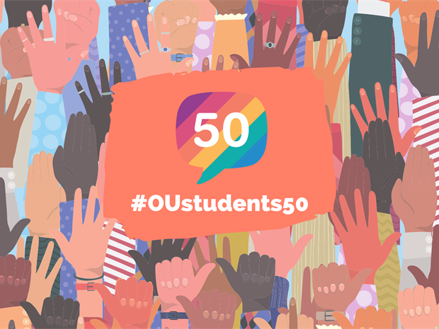 Image shows lots of raised hands. Text reads #OUstudents50