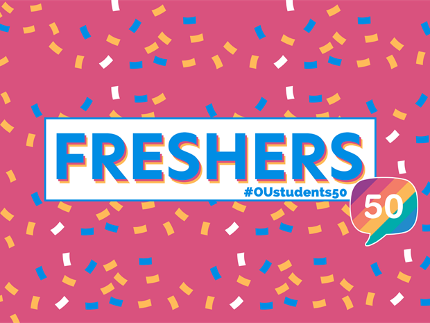 Image shows a confetti background, text reads 'Freshers' with the OU Students Association logo on the right.