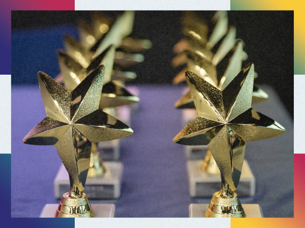 Two rows of gold star-shaped trophies.